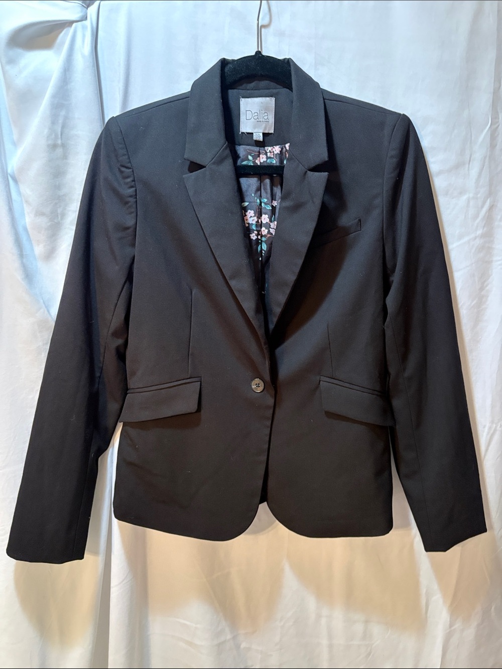 Dalia Black Single-Button Tailored Blazer with Floral Lining Accent